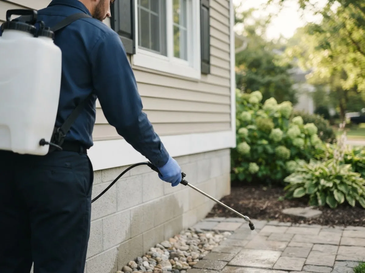 Pest control technician inspecting a home in Grabill, IN